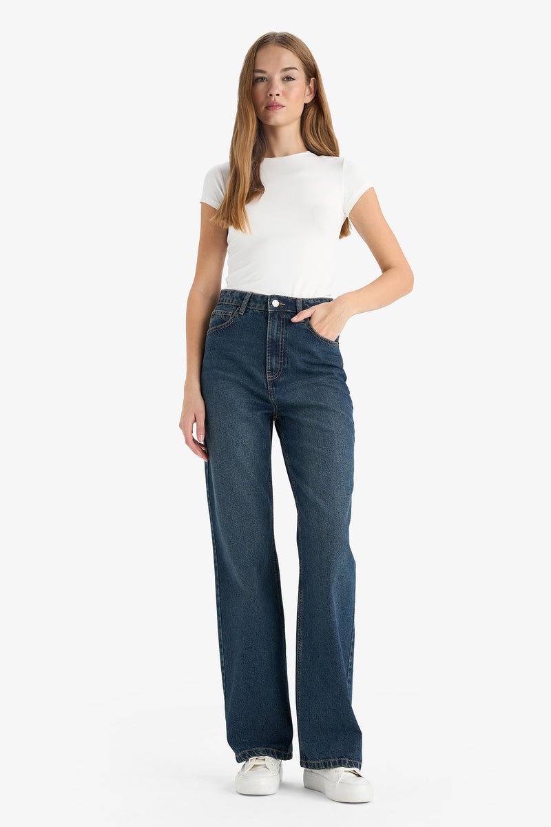 DeFacto Blue Woman 90's Wide Leg High Waist Straight Leg Jeans Casual - Image 1
